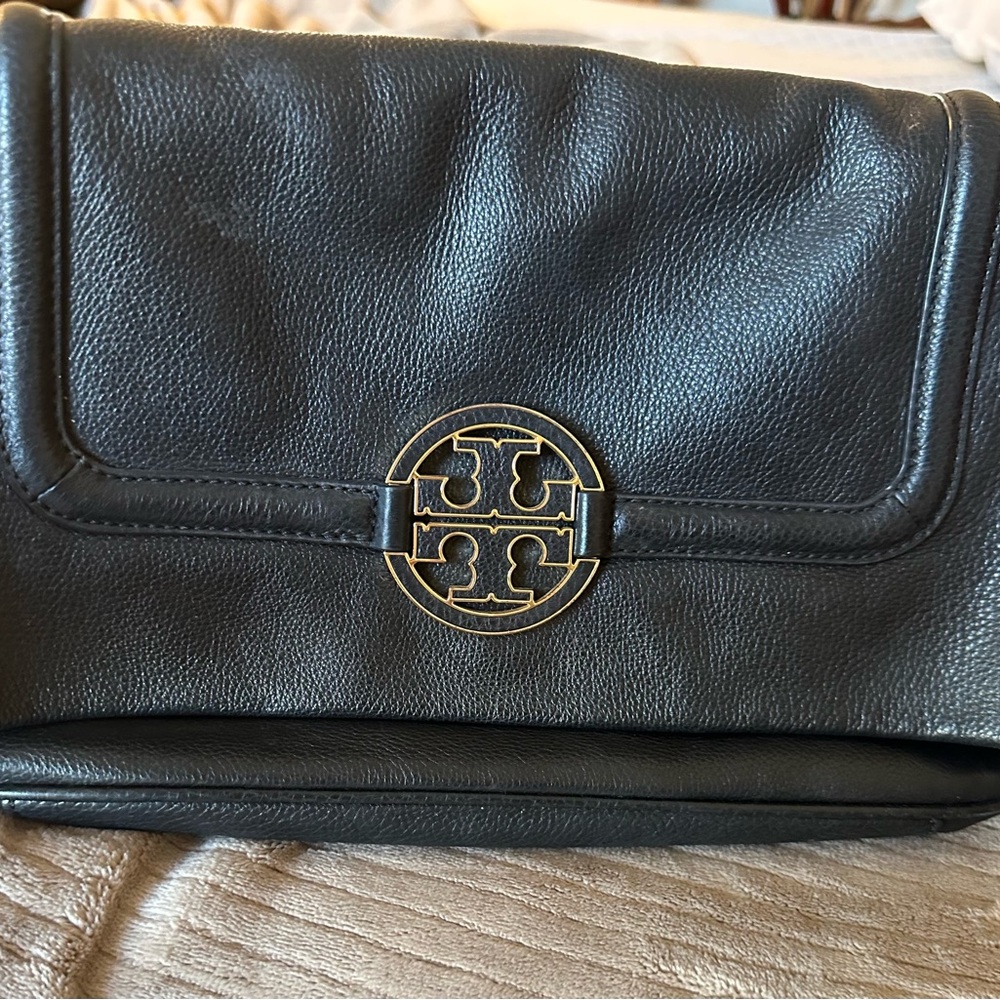Tory Burch Black Leather Clutch with Gold Logo